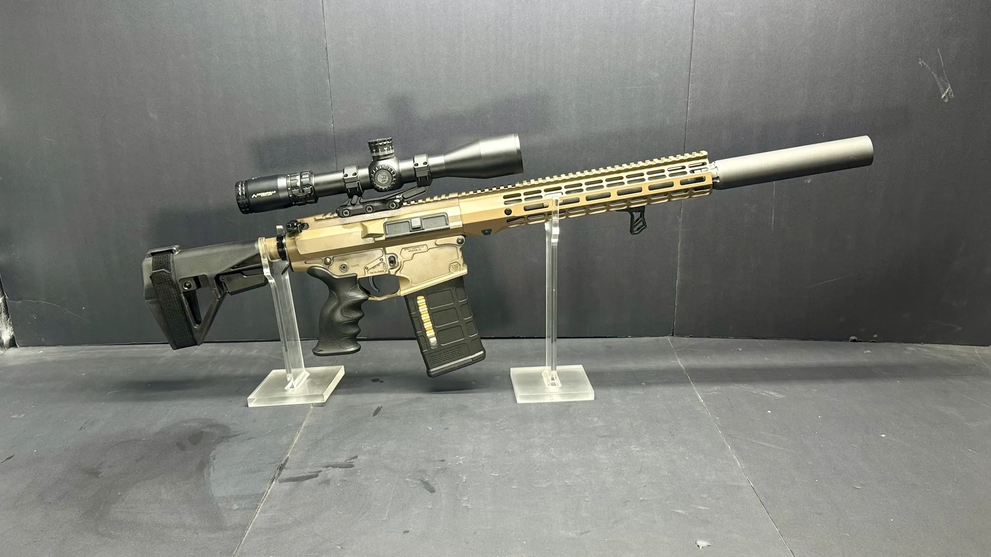 12.5″ FDE AR10 308 Pistol with Binary Trigger – Elite Cerakote Finish & SLx 4-16x44 FFP Scope